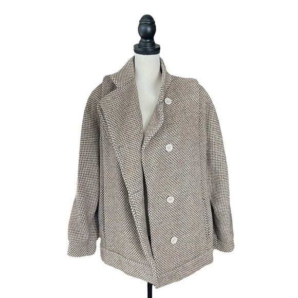 Gallery Tweed Neutral Car Jacket Coat Shoulder Pad 80's Pleated VINTAGE - Picture 1 of 10